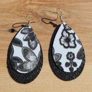 Black and White Floral Faux Leather Earrings